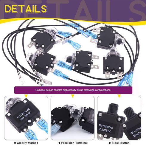 Swpeet 20Pcs 30Amp Thermal Circuit Breaker with 19cm 6.3mm Female Spade Terminals Wire Leads and Waterproof Button Caps