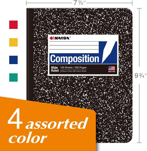 KAISA Composition Notebooks, Wide Ruled, 9-3/4" x 7-1/2", Black Marble Covers Composition Notepads Journal Notebooks 100 Sheets 4 Pack, C10001W by KAISA