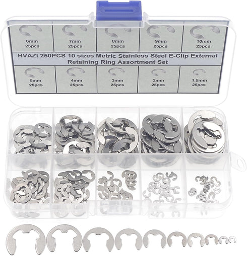 250PCS Stainless Steel E-Clip External Retaining Ring Assortment Set