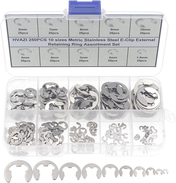 250PCS Stainless Steel E-Clip External Retaining Ring Assortment Set