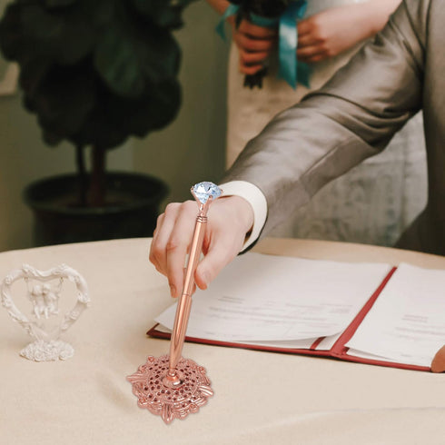 Hollow Round Pen Holder Set, Signing Pen with Big Diamond Crystal Pen for Wedding, Rose Gold