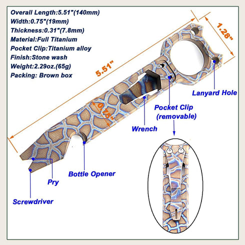 LIPOUD Twosun Titanium Pry Bar EDC Pry Tool Bottle Opener Outdoor Multifunctional Prybar With Pocket Clip (Flame Ti)