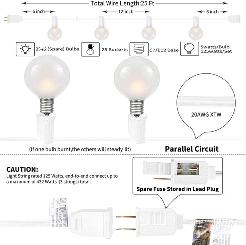 25FT G40 27 Bulbs, Outdoor String Lights, Frosted White Globe String Lights with Warm White Hanging Patio Lights UL