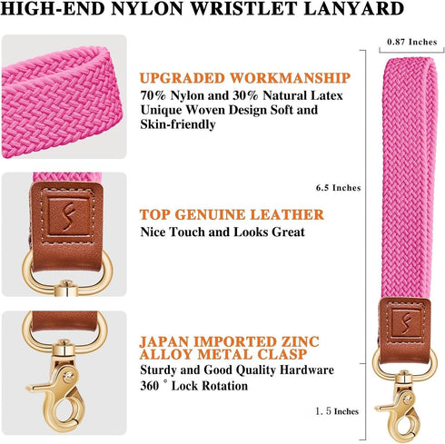 Stretchy Wristlet Keychain - Braided Cute Lanyards for Keys, Key Chain Holder for Women and Men (Pink)