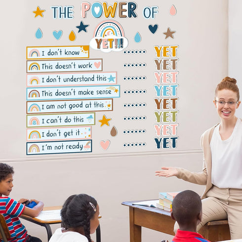 Boho The Power of Yet Classroom Bulletin Board Decoration, Rainbow Motivational Growth Mindset Cutouts for School