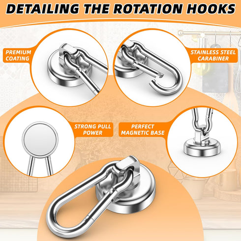 FINDMAG 10 Pack Heavy Duty Neodymium Magnetic Hooks with Swivel Carabiner, 70LBS Magnet Hooks for Kitchen, Home,