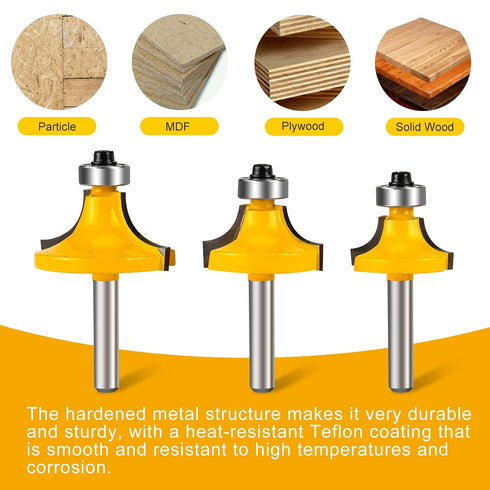 1/4 1/4 1/4-Inch Set Set 1/2", 3/8", 5/16" ,1/4",3/16",1/8" 6pcs roundover Router bit Shank Router bits Shank Shank