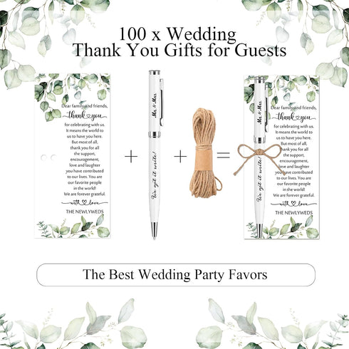 Affrolling 100 Sets Wedding Favors for Guests Bulk Retractable Ballpoint Pen Thank You Cards with Hemp Rope Bridal