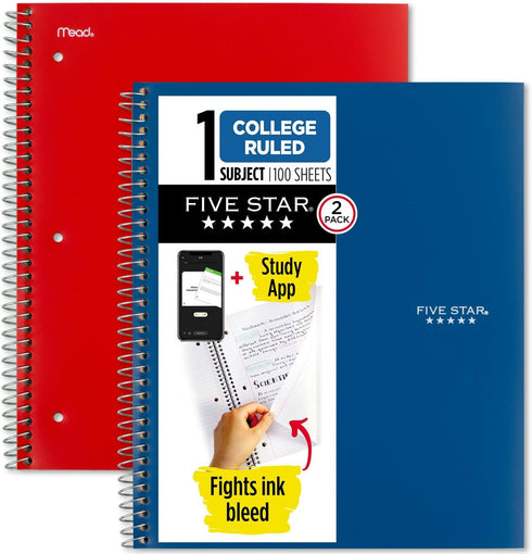 Five Star Spiral Notebooks, 2 Pack, 1 Subject, 100 Sheets, College Ruled Paper, 11" x 8-1/2", Pacific Blue, Fire Red