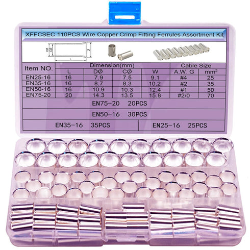 110PCS Crimp Fitting, Non-Insulated Wire Ferrules for Car Amp Clean Install, 4 Types Gauge: AWG 4,2,1,0