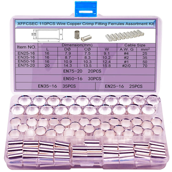 110PCS Crimp Fitting, Non-Insulated Wire Ferrules for Car Amp Clean Install, 4 Types Gauge: AWG 4,2,1,0