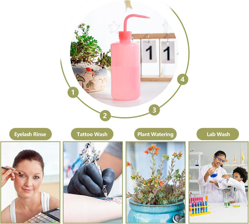 Melphoe 3Pcs 500ml Tattoo Wash Bottle Squeeze, Plastic Squeeze Medical Lab Washing Bottle, Pink