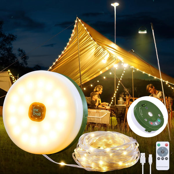 Camping String Lights, 4 in 1 Quick Storage 33FT Rechargeable Tent Lights