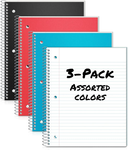 Dunwell 3-Pack Wide Ruled Spiral Notebook, (Red Blue Black) Poly Cover, 100 Sheets, 8 x 10.5 Wide Rule Notebooks for School, 1 Subject Notebook, Inner Pockets, Perforated 3-Hole Paper Note Book by Dunwell