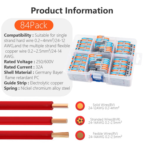 84Pcs Electrical Connector Assortment Pack, 2 in 2 Out Quick Compact for AWG24-12 Lever Wire Connectors