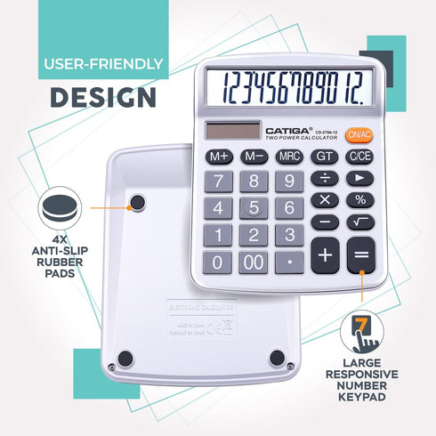 CATIGA 12 Digits Desktop Calculator with Large LCD Display, Dual Solar Power and Battery for Office and Home