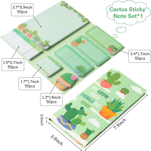 We Grow When Things are Hard Sticky Notes Set, 550 Sheets, Cute Cactus Shaped Self-Stick Notes Pads Plant Divider Tabs Bundle Writing Memo Pads Back to School Office Supplies Small Gift by Xqumoi