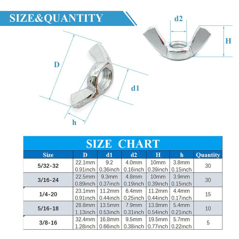 Yoliko 38 5 5/32",3/16",1/4",5/16",3/8" Pcs Sizes Wingnuts, Quality Carbon Steel Wing Nuts Zinc Plated Fasteners Parts