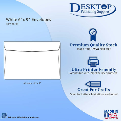 Thick 28lb White 6" x 9" Envelopes - 100 Envelopes Pack - Gummed Booklet Flap - 6x9 Inch - for Professional, Business, School, or Home by Desktop Publishing Supplies