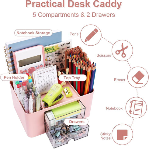 Pink Plastic Pen Organizer, Multifunctional Desktop Organizer with 2 Drawers and 4 Compartments