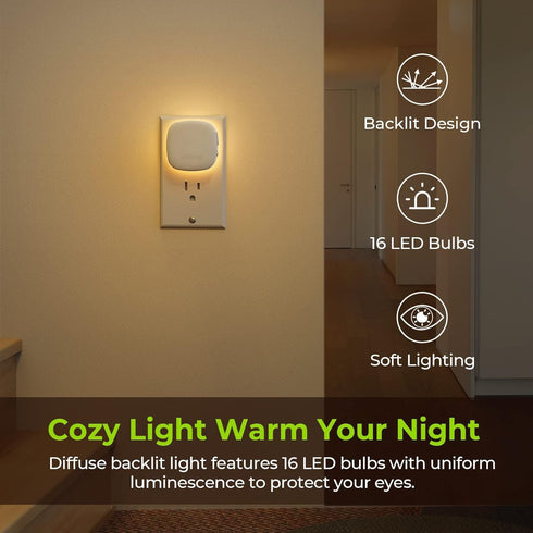 Dimmable 1-50 (4 Pack) AUVON Plug-in LED Backlit Night Light with Motion Sensor & Dusk to Dawn Sensor, Warm White