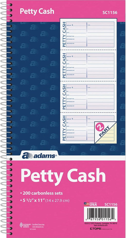 Adams 2-Part, 4 200 Sets (SC1156) Spiral Petty Cash Book, Carbonless, Messages per Page, per Book