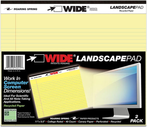 Roaring Spring Wide Recycled Landscape Legal Pads, College Rule, 11" x 9.5", 40 Sheets, 2 Pack