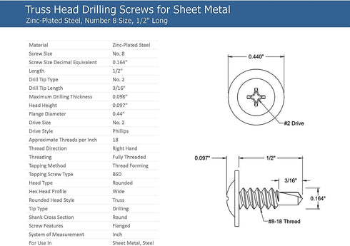 #8 x 1/2" Phillips Modified Truss Head Self-Drilling Tek Screw, Zinc-Plated Steel, Box of 100