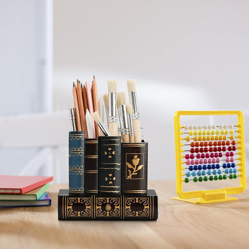 Tosnail Decorative Pen Holder with Storage Drawer, Antique Library Design Wooden Pencil Organizer for Office Supplies