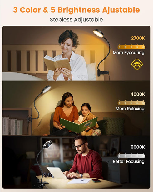 72 3 5 30/60-Min Glocusent Clip on Light, LEDs Clip on Lamp with Amber Night Light, Colors & Brightness Bed Lamp, Auto