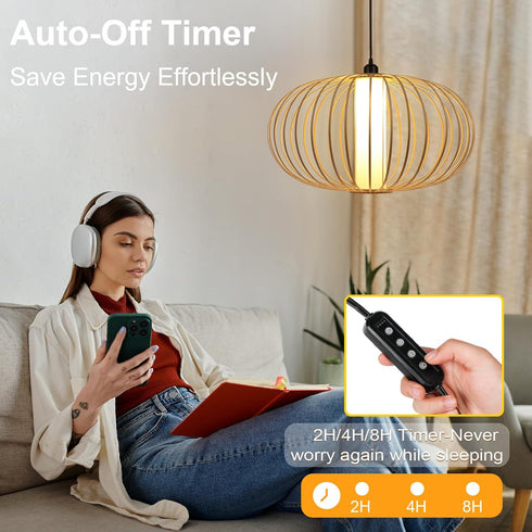 3-Way Dimmable Timmer Setting LALISU Plug-in Pendant Light Rattan Hanging Lamp, Boho Hanging Lights with Woven