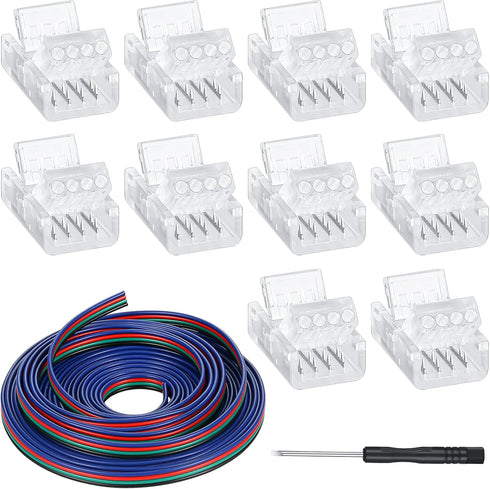 10 Pack 4 Pin LED Strip Light Connectors, 10 mm Solderless LED Strip Connector for Waterproof RGB Lights