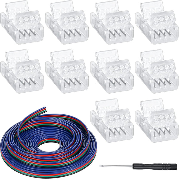 10 Pack 4 Pin LED Strip Light Connectors, 10 mm Solderless LED Strip Connector for Waterproof RGB Lights