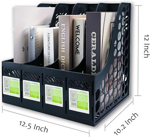 Magazine File Holder, Plastic 4 Compartments Desk Organizer for Office Storage, Vertical Binder Organizer (Black)