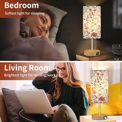2 3-Way Dimmable Bulb Bedside Touch Lamp, Wood Small Table lamp with USB Charging Ports & Flower Fabric Shade