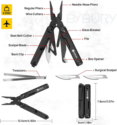BI2051AB, BIBURY Mini Multitool Pliers Mini EDC Multi Tool with Pocket Clip for Outdoor Survival, Gifts for Men