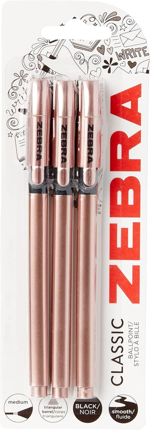 Zebra Pen Z Grip Black Ballpoint Pens, 3 Pack Rose Gold Ballpoint Pens with Triangular Barrel, Medium Point