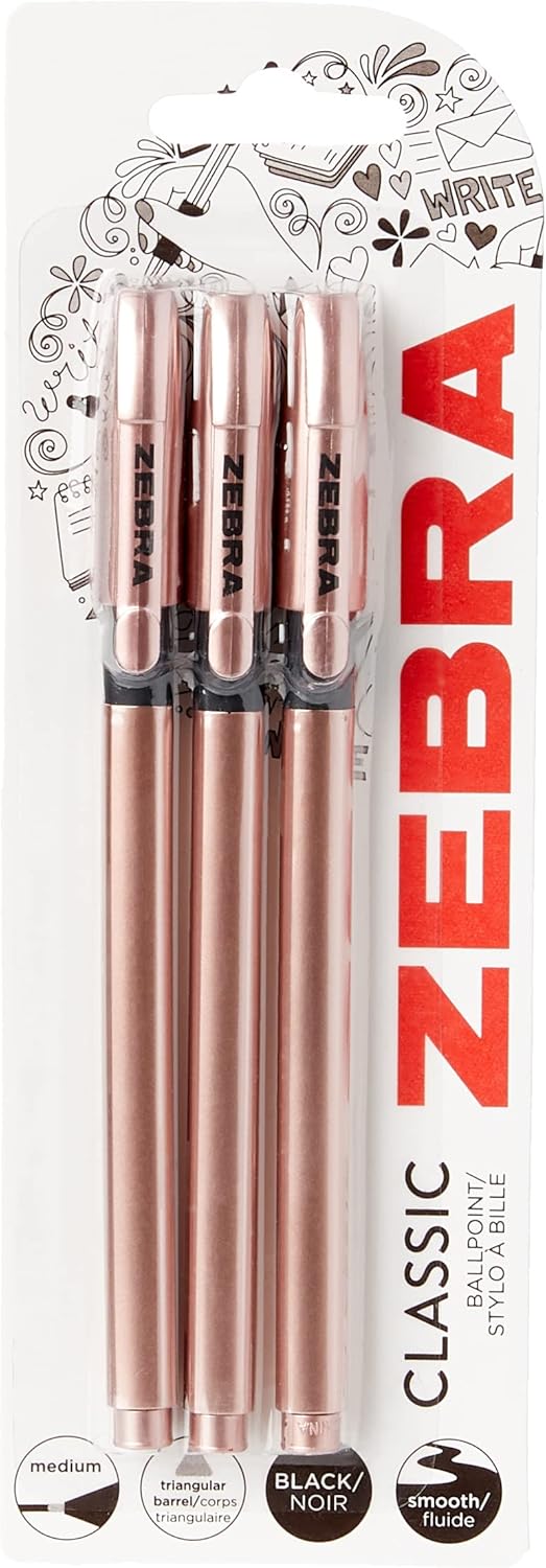 Zebra Pen Z Grip Black Ballpoint Pens, 3 Pack Rose Gold Ballpoint Pens with Triangular Barrel, Medium Point