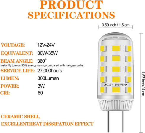 G4 3W 30W Bulb 12V T3 300LM Non-dimmable 3000K 2pcs) Base for Under Cabinet Puck Light Pendant Track Lighting