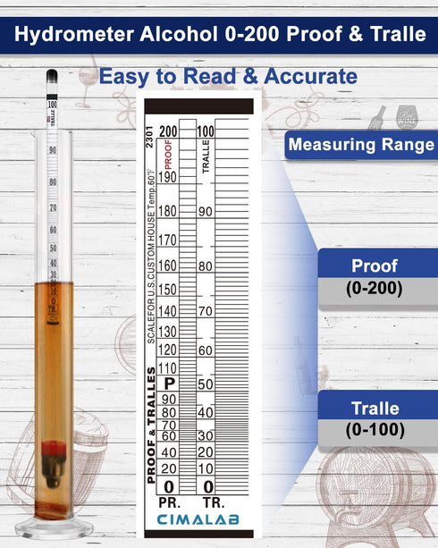 Hydrometer Alcohol Meter, 0-200 Proof and Tralle Alcohol Tester for Liquor, Moonshine, Spirits