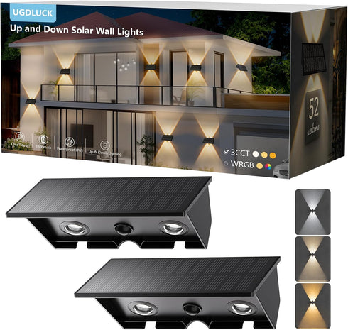 2PACK Solar Sconce Lights Outdoor,Warm White/Cool White/Natural Light 3 Modes Up and