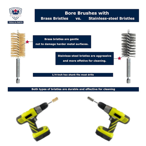 16-PC Bore Brush Set - 8-Size Stainless-Steel and Brass Wire Brushes for Power Drill Cleaning Tool