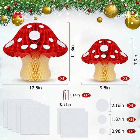 5 Pack Mushroom Honeycomb Paper Decorations - Cute Woodland Party Decor for Baby Shower, Kids Birthday, Backyard Garden