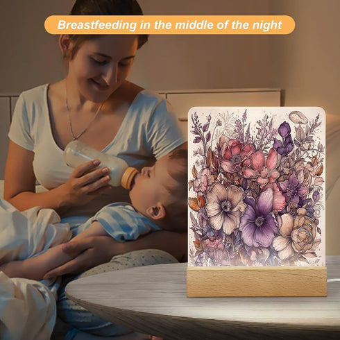 KNASNCHD Floral Design Pattern Night Light with Wood Base USB Interface Power Supply,Bedside Table Lamp Acrylic Home