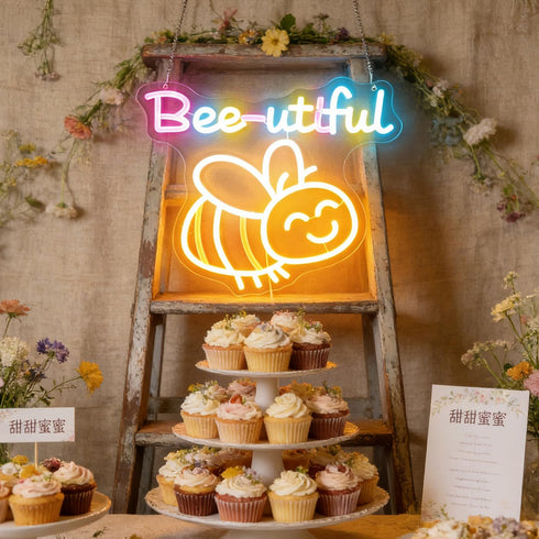 Dimmable "Bee-utiful" Happy Bumblebee Neon Light - Cute & Punny LED Wall Art for Kitchen, Bedroom, Nursery Decor, USB