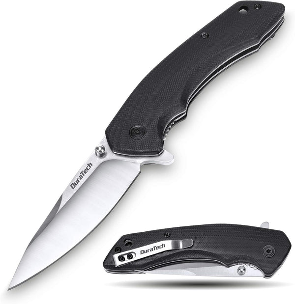 DURATECH Folding Pocket Knife, 3-1/4" Satin 8CR13MOV Blade, Black G10 Handle for EDC