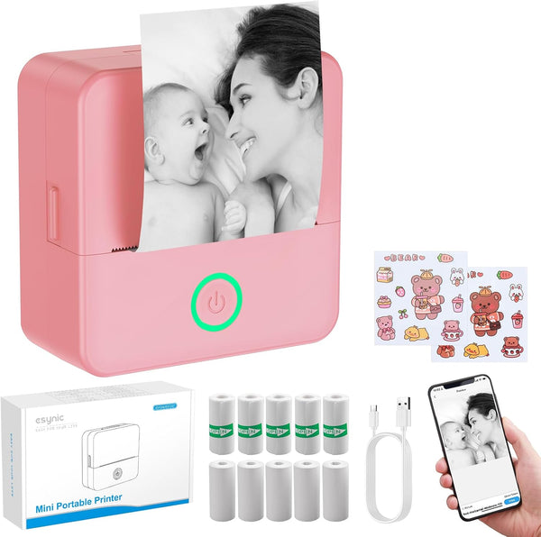 eSynic Portable Mini Sticker Printer-500mAh USB-C Rechargeable-Bluetooth Mini Printer-Lnkless Printing-Comes with 10 Rolls