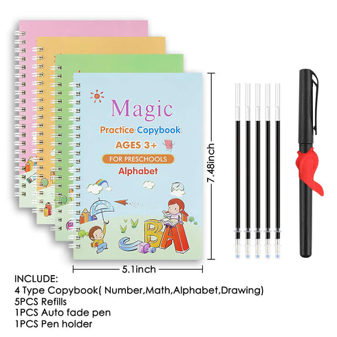 Magic Practice Copybook for Kids, Reusable Calligraphy Handwriting Workbooks, 4 Book + Pen Set for Preschoolers