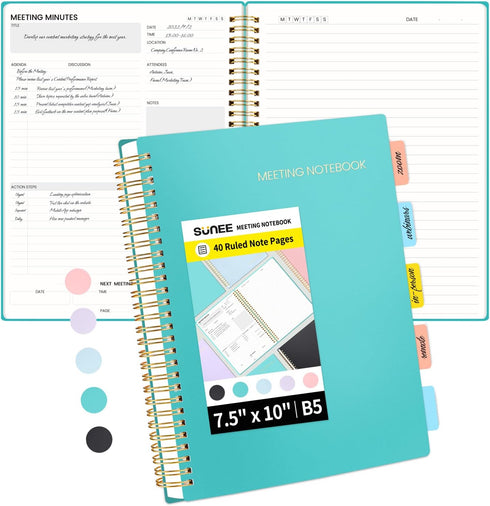 SUNEE Meeting Notebook for Work - 160 Pages, B5 Size Project Planner, Spiral Meeting Agenda/Minutes Organizer for Office