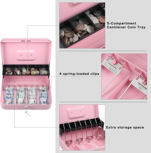 Design,4 5 Slots,11.8" 9.5" 3.5",Pink xydled Cash Box with Money Tray and Key Lock,Tiered, Cantilever Bill / Coin x x